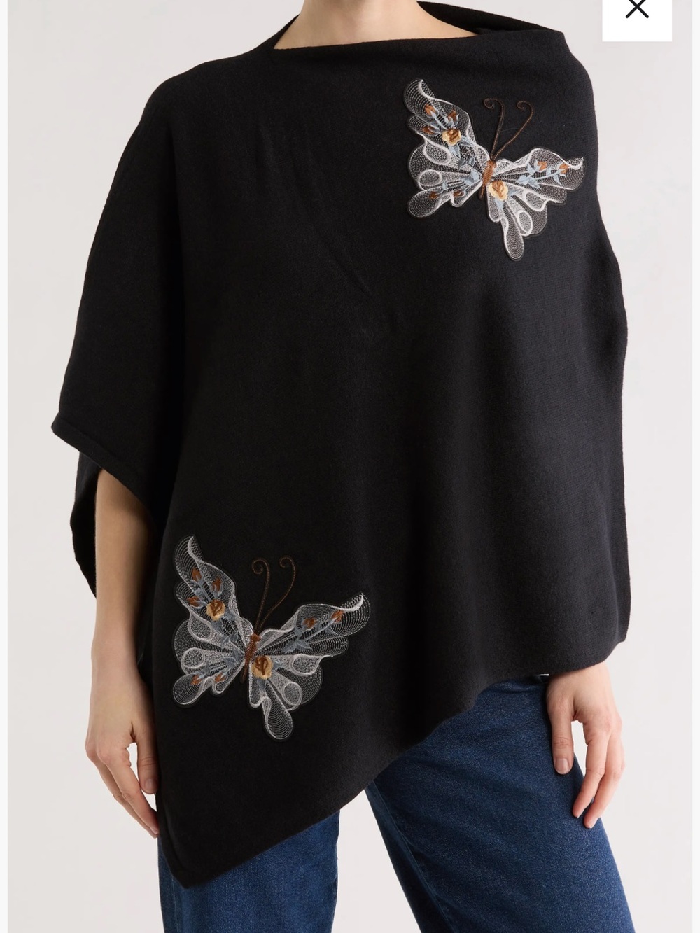 La Fiorentina Black Butterfly Embroidered Poncho Sweater